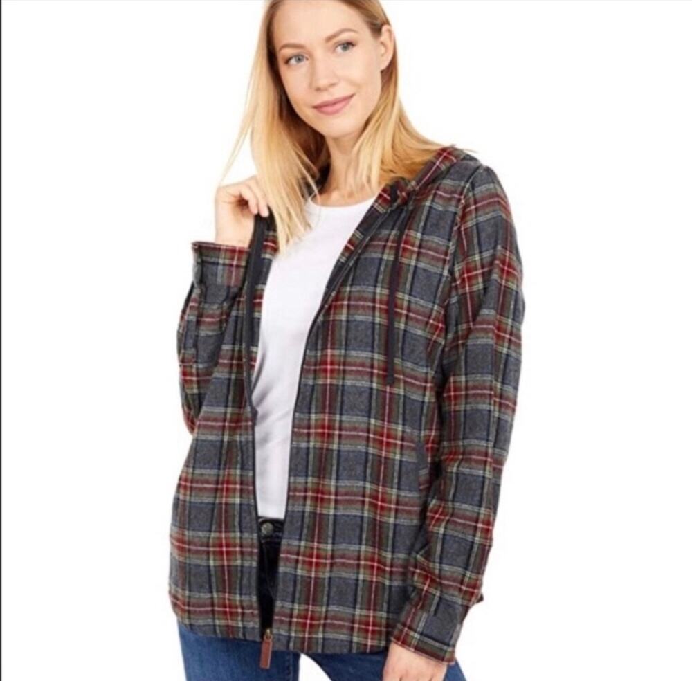 L.L.Bean M Relaxed Fit Plaid Zip Hoodie Flannel Jacket Gray Red Olive Green Fall